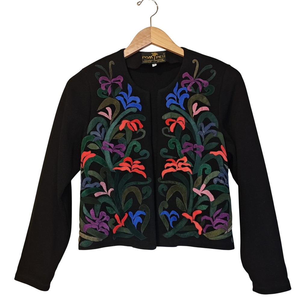 Pompeii Cardigan Womens Med Black Suede‎ Floral Applique Open Front Knit Jacket